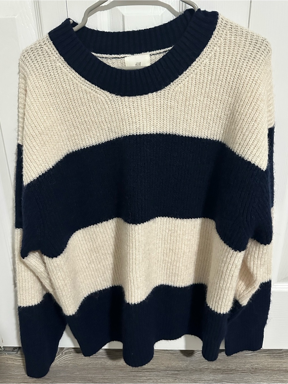 H&M Cream and Navy Wide Stripe Crewneck Sweater